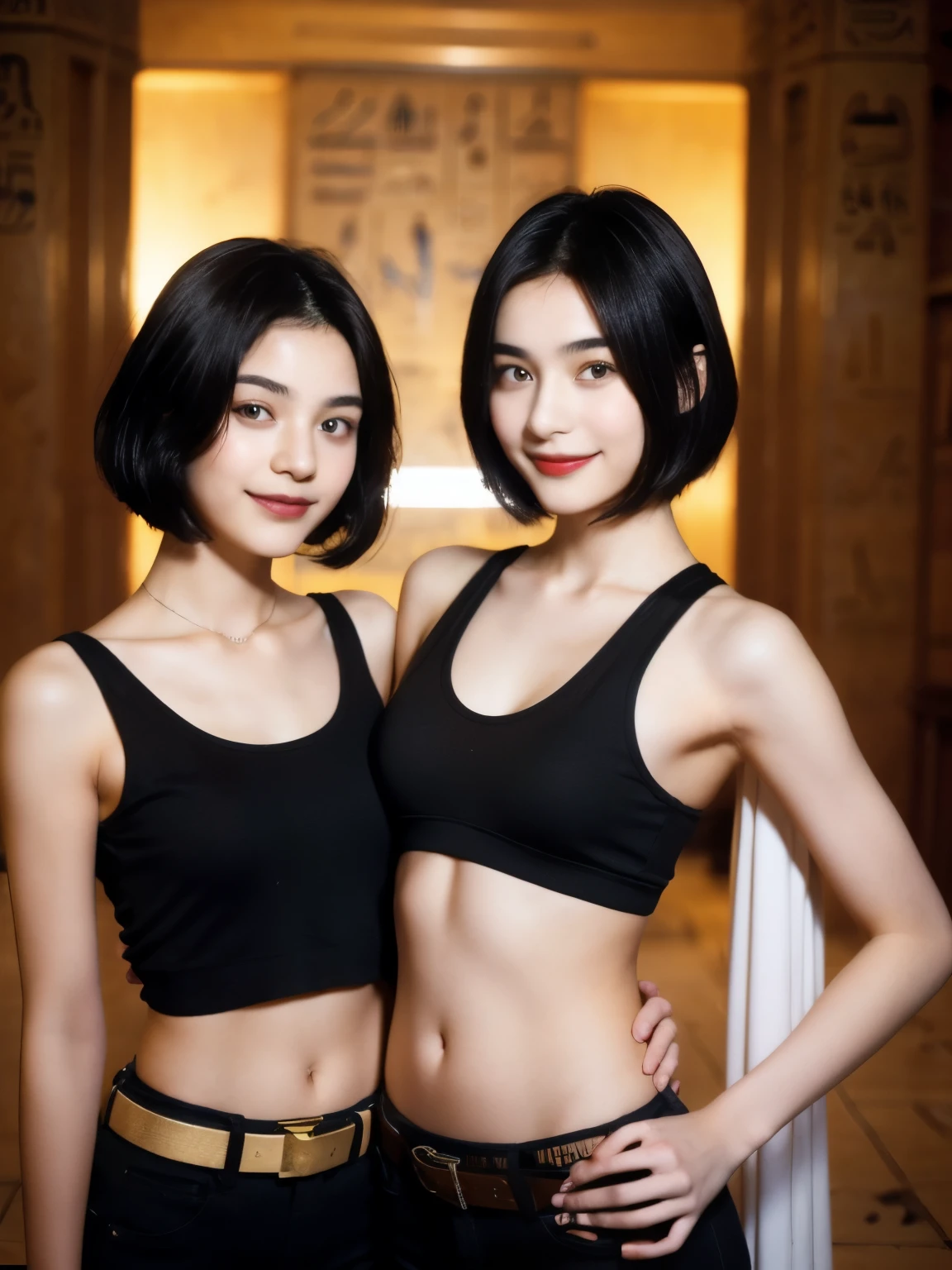 244 (An 18-year-old female and an 18-year-old male), short hair,kind, lipstick, Egyptian civilization, Waist belt, Hieroglyphics, smile