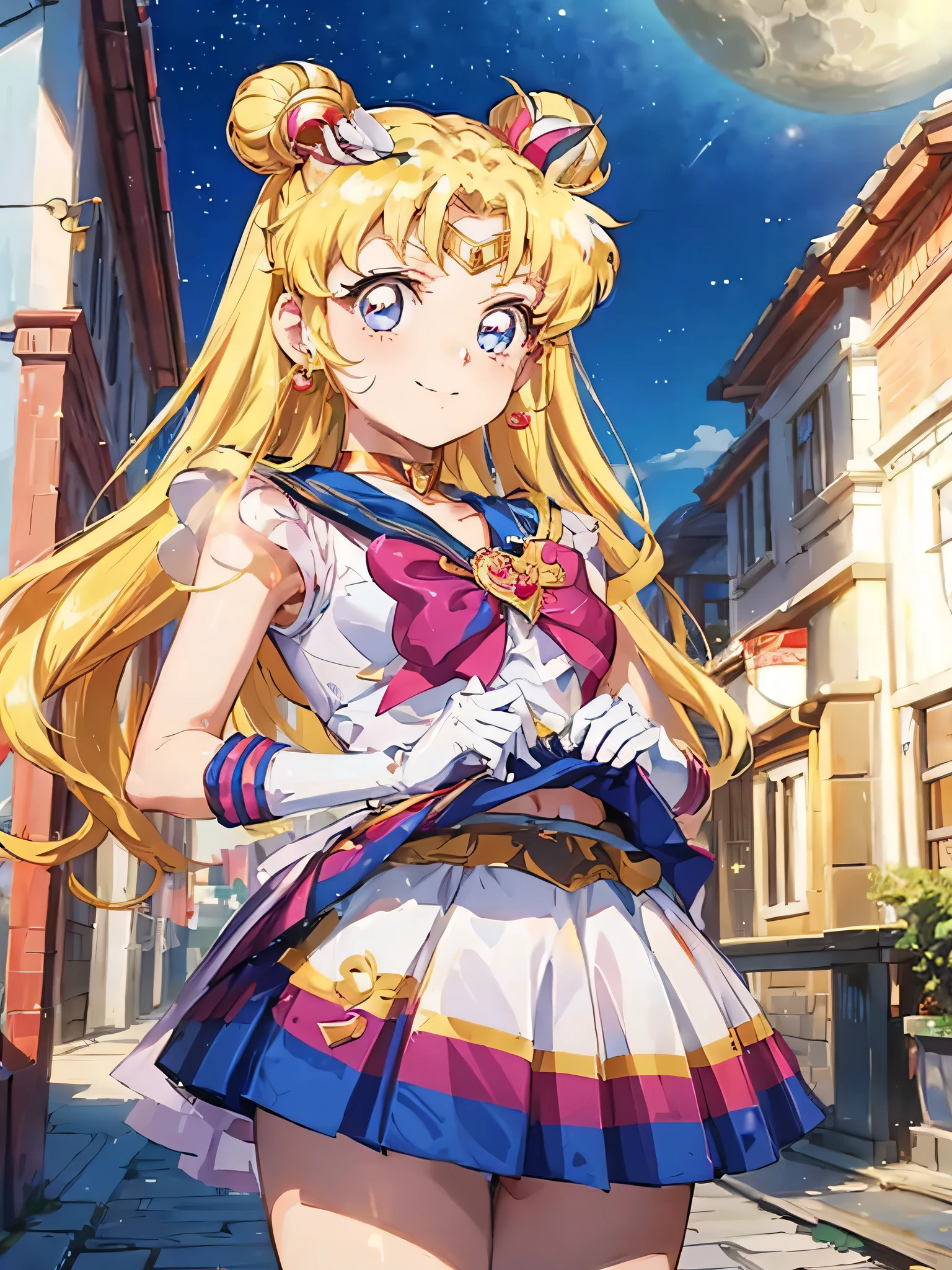 a anime girl with long hair posing on the moon, near a house and a building, 1girl, sailor moon, tsukino usagi, solo, skirt, sailor senshi uniform, blonde hair, blue eyes, gloves, panties, twintails, underwear, skirt lift, long hair, white gloves, moon, clothes lift, jewelry, night, looking at viewer, earrings, smile, choker, white panties, bow, double bun, breasts, lifted by self,lol_i,Ichigo Hoshimiya (Aikatsu!),supersailormoon