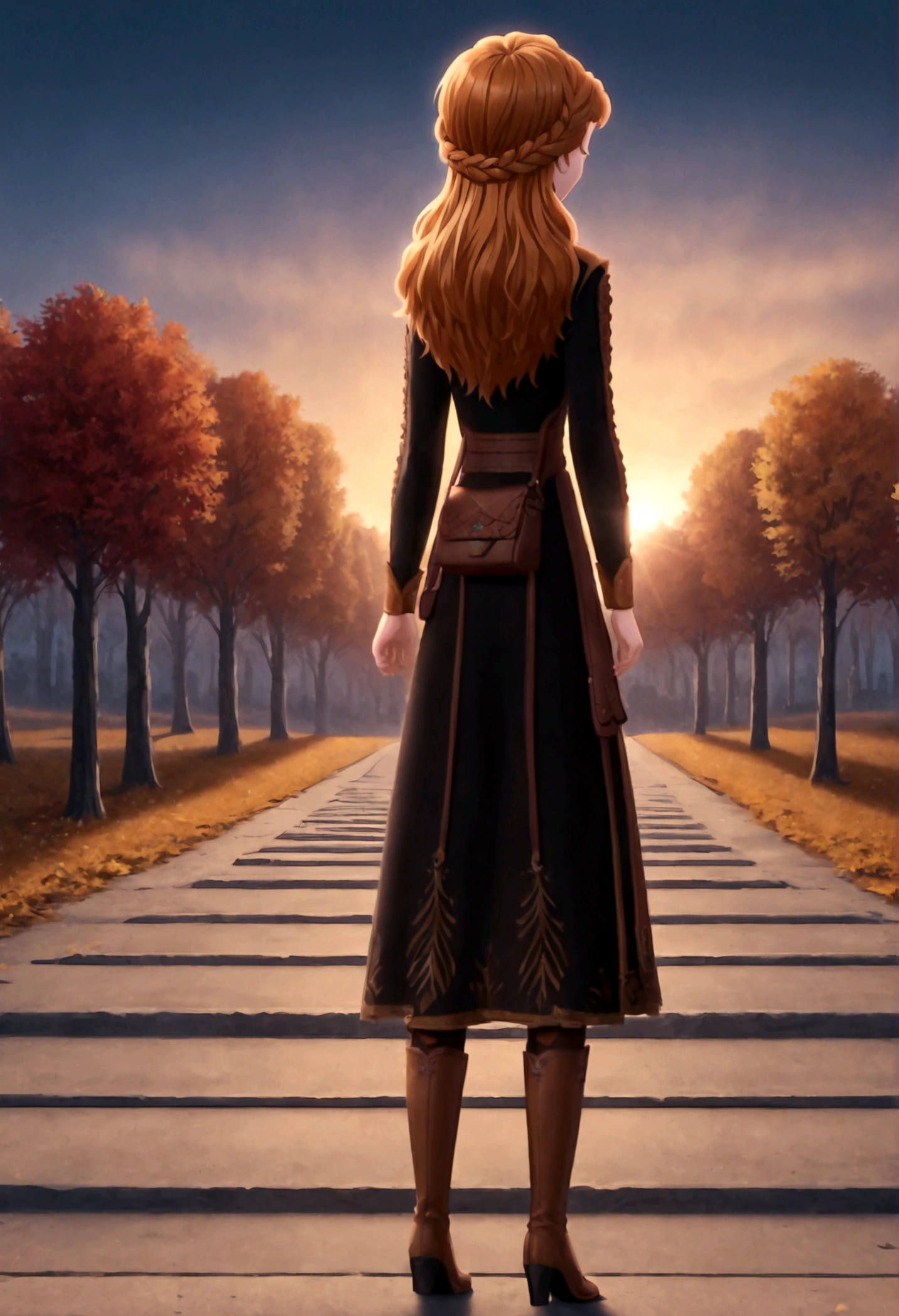 1girl, Anna \(frozen\), Anna of arendelle, long hair, black long-sleeved outer dress over a mustard yellow top, brown leather satchel,black boots, solo, orange hair, upper body, (Back View:1.4), autumn, anime screenshot, source_anime, dramatic composition, cinematic dynamic action scene, vibrant colors, cinematic lighting, dramatic lighting, best quality, masterpiece, very aesthetic, perfect composition, intricate details, ultra-detailed