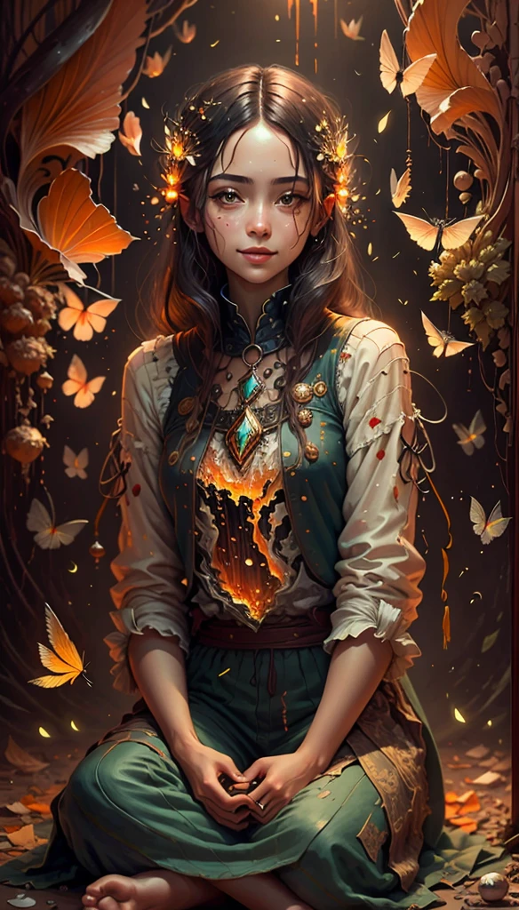 Three-dimensional oil painting on a rough canvas in the complex technique of a palette knife and wide smears patterns. digital painting Portrait of a lovely Girl with Translucent hands performing Magic Fireflies, Translucent little Fireflies fly out of her hands, simple smile, Girl sitting on the floor and looking at you, perfect beautiful face, dim lit red simple background, concept art in complex mixed media 16K