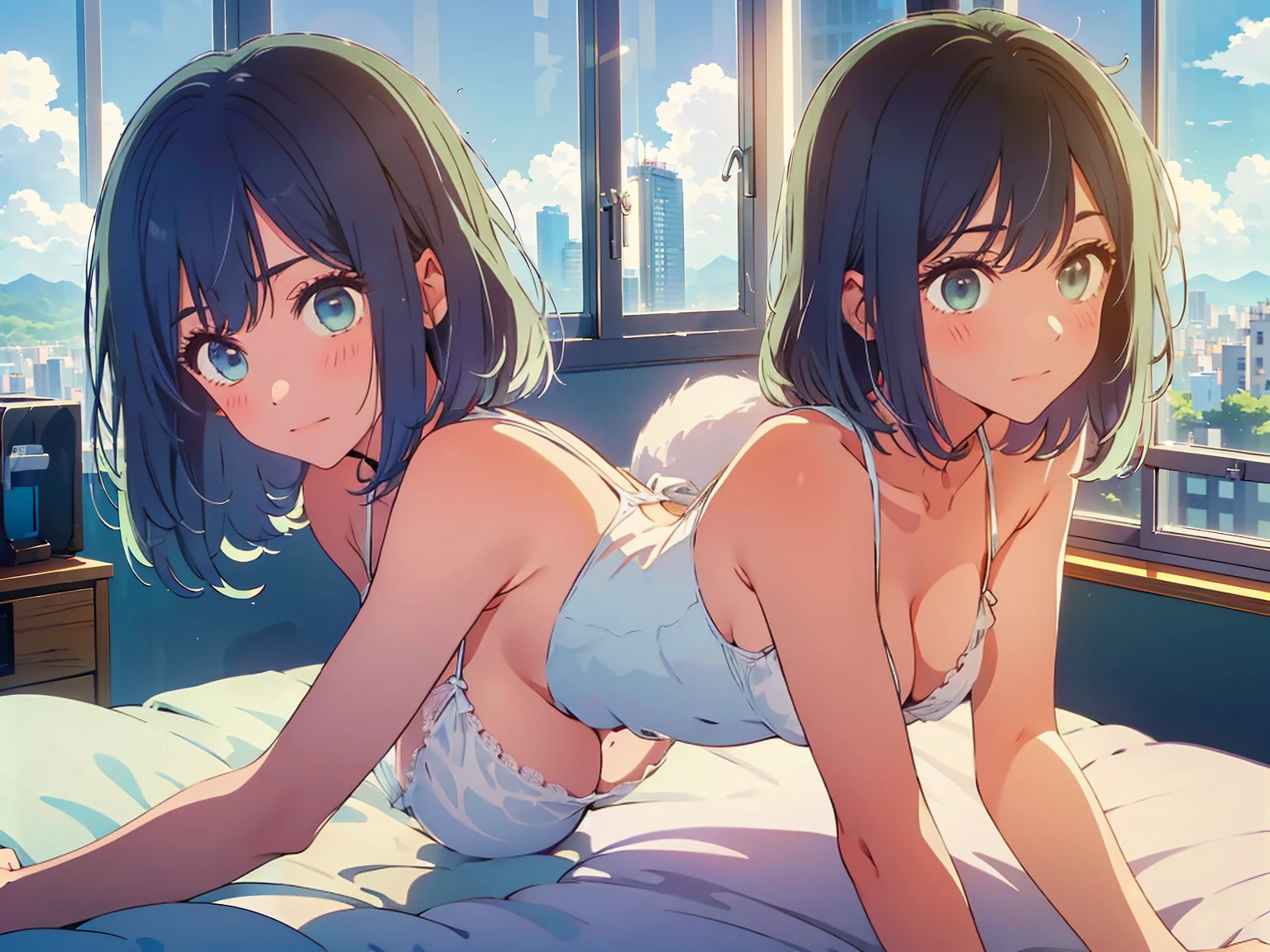 highest quality,8k,detailed,F cup bust、Big Breasts、Very cute face、Beautiful thighs、Best Beautiful Legs、Slim and beautiful arms、Slim body、Very white beautiful skin、((((1 person、looking at the camera、smile、Thin white bikini、smile、In the background are the urban buildings of Tokyo、On all fours、Hotel room、Stick your butt out、Window、On the bed))))、I can see the deep blue sky、The atmosphere is bright and lively、The woman is at the center of the image。