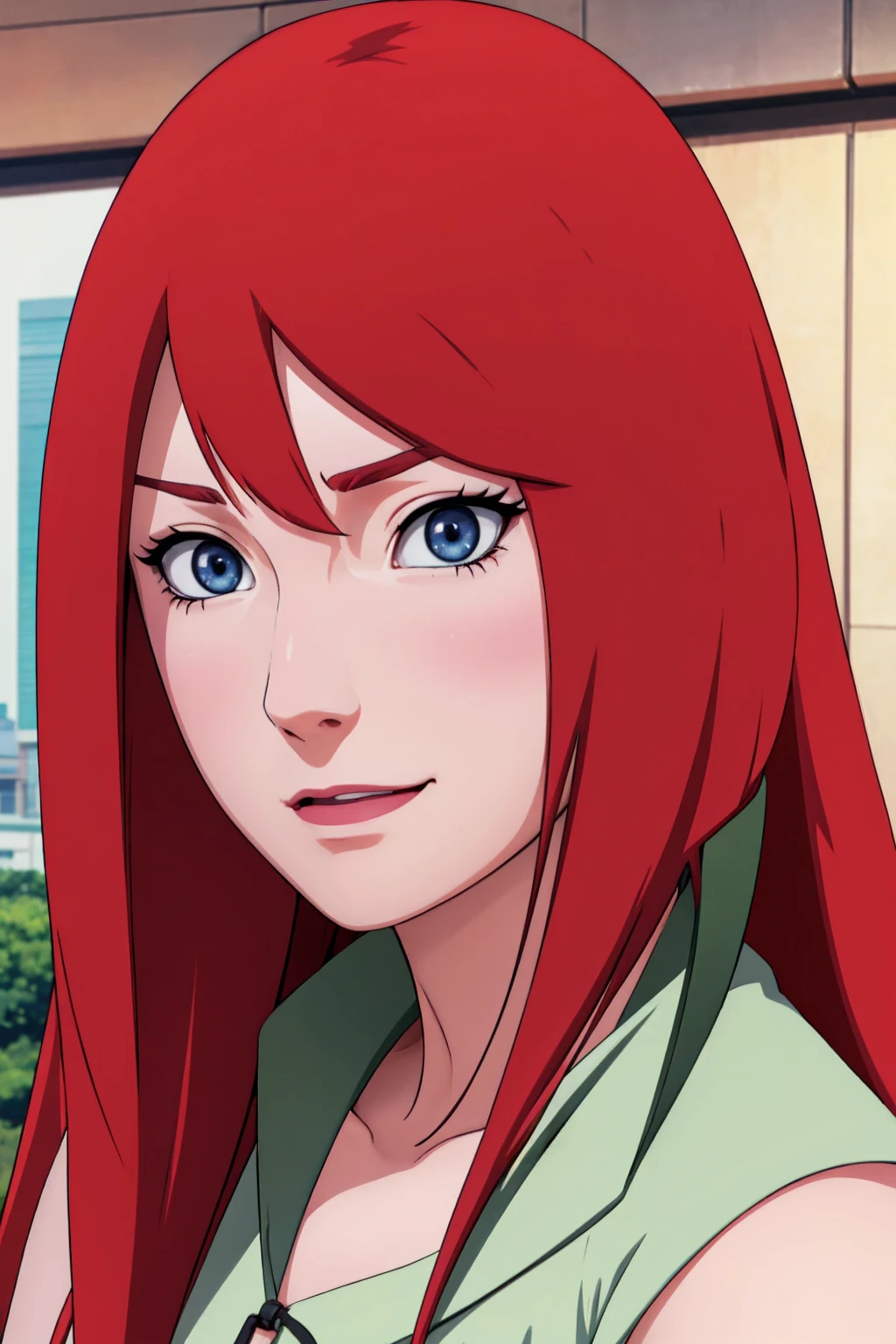 a close up of a person with long hair and a green and white dress, uzumaki kushina, uzumaku kusgiba from anime naruto shippuden, as an anime character, perfect anime face, she has red hair with bangs, female anime character, anime character, anime best girl, hime cut hairstyle, red hair, (red glossy lips:1.3), blue eyes, smile, big , realistic, ultra detail, city background, (beautiful face:1.3) backwards, looking back