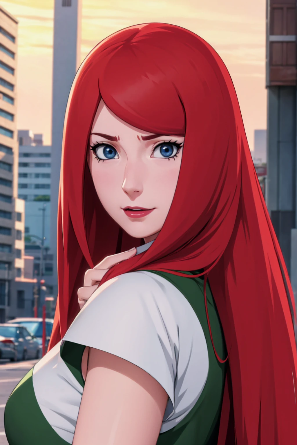 a close up of a person with long hair and a green and white dress, uzumaki kushina, uzumaku kusgiba from anime naruto shippuden, as an anime character, perfect anime face, she has red hair with bangs, female anime character, anime character, anime best girl, hime cut hairstyle, red hair, (red glossy lips:1.3), blue eyes, smile, big , realistic, ultra detail, city background, (beautiful face:1.3) backwards, looking back