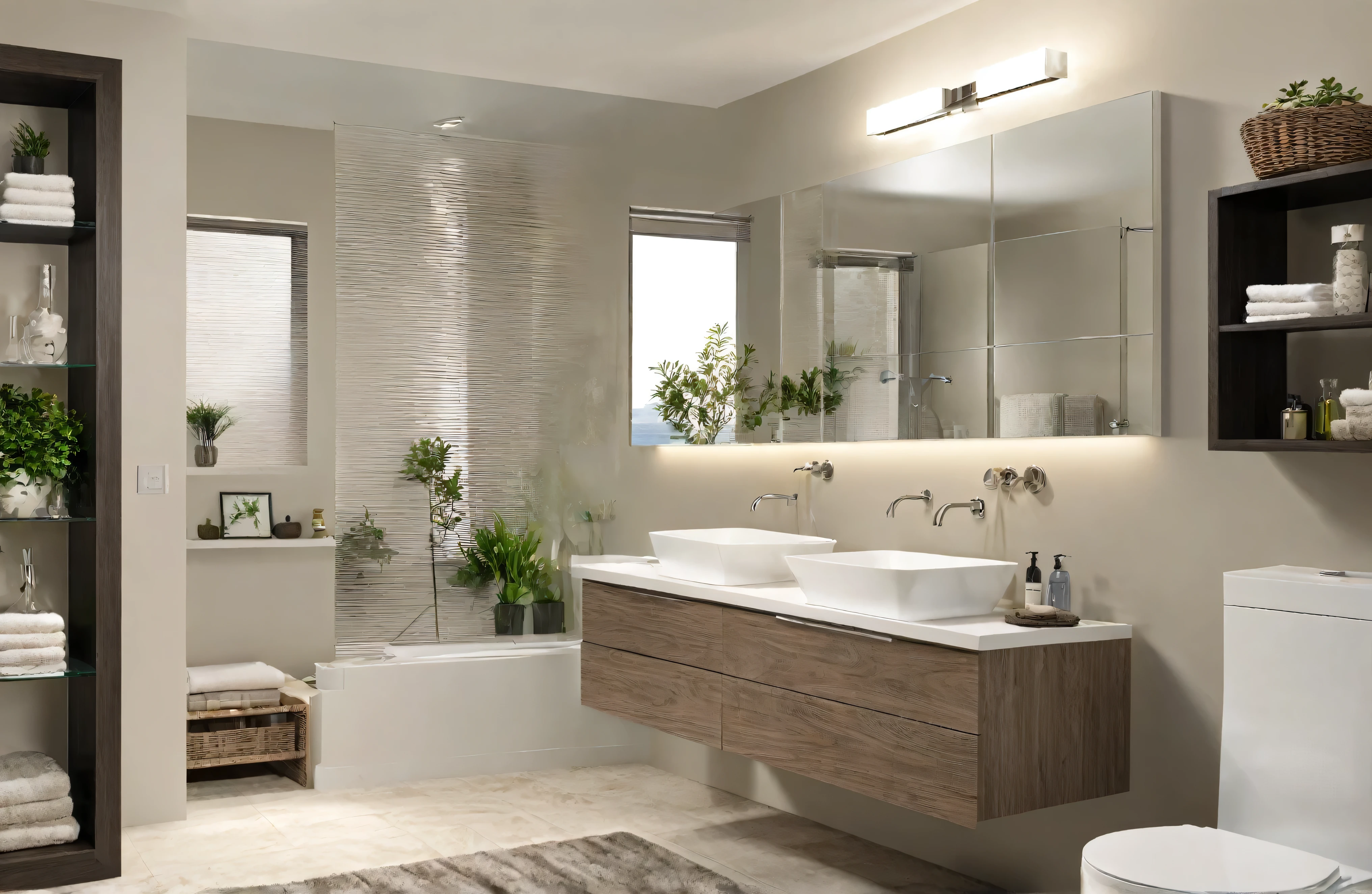 Design a contemporary, elegant bathroom. (Main features: (floating vanity with vessel sink, frameless glass shower, and modern toilet)). (Additional accessories: (large mirror with integrated lighting, stylish towel rack, and decorative plants)). (Wall color: (white or soft taupe)). (Flooring: (polished ceramic tiles)). (Image quality: (produce a high-quality, focused, detailed, and high-resolution image without blur or noise)).