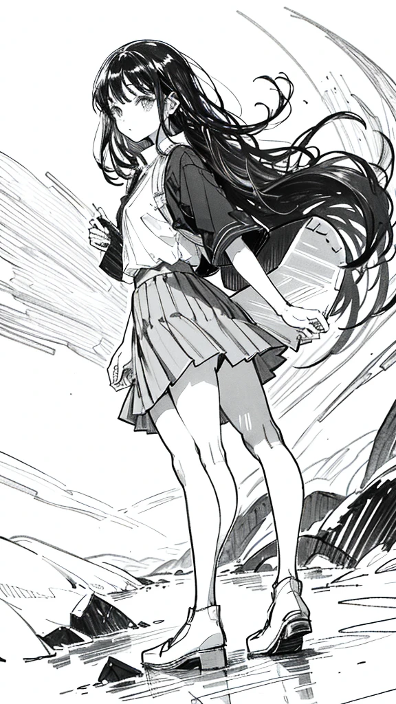 One Girl,Line art,Monochrome,sketch,鉛Pen画,Pen,Traditional Media,One Girl, skirt,,skirt, alone、Cute Teenage Girl, ,Beautiful portrait、Delicate body、Esbian all over、Black Hair、Black Hair,landscape