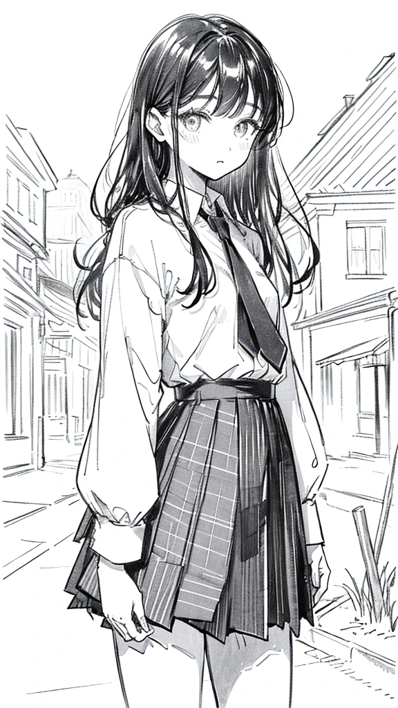 One Girl,Line art,Monochrome,sketch,鉛Pen画,Pen,Traditional Media,One Girl, skirt,,skirt, alone、Cute Teenage Girl, ,Beautiful portrait、Delicate body、Esbian all over、Black Hair、Black Hair,landscape