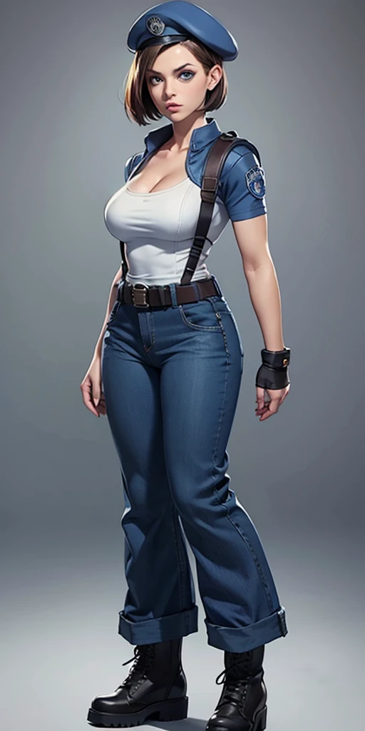 Jill Valentine, masterpiece, best quality, 1girl, solo, standing, jillre1, beret, uniform, shoulder pads, short sleeves, harness, belt, bell-bottom blue pants(Wide flares on pants:1.2), cleavage, black combat boots, full body, perfect blue eyes, perfect red mouth,