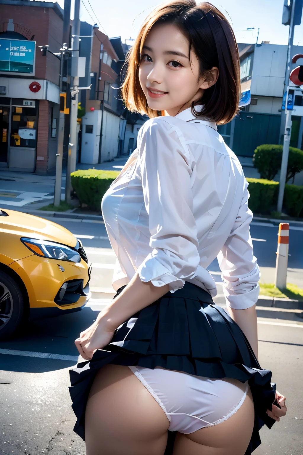 ((Street Corner)), lewd smile、(Realistic、Realistic:1.37)、(masterpiece)、(highest quality:1.4)、(超A high resolution:1.2)、(RAW Photos:1.2)、(Sharp focus:1.3)、(stand:1.2)、elegant、(Whole Body Ezbian:1.2)、(A girl wearing a collared shirt and a pleated skirt:1.3)、Very cute Japanese girl、(A faint smile:1.3)、(Makes hair shine:1.3)、 Blonde、Short pleated skirt、Shooting from the side、Beautiful and delicate eyes、 View your audience、Shot from an angle looking up from below、((Shooting from behind)), White panties:1.8