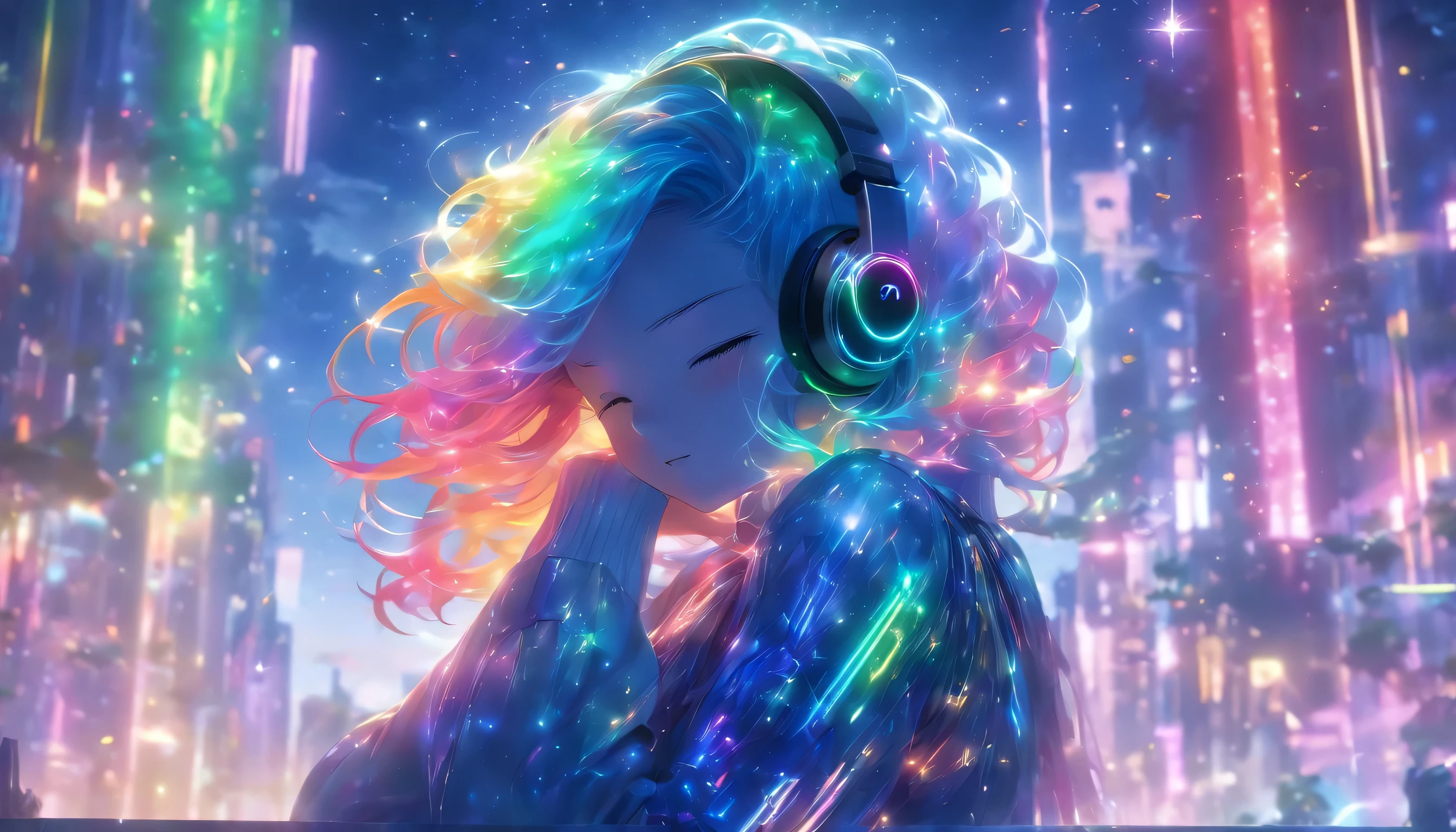 Night Sky、Sparkling starry sky、Super beautiful light、((Rainbow hair))、mysterious cityscape、8k,((cinematic light and shadow))、(((One City)))、Countless lights、Transparent Prism、(((A scene from a movie)))、((Dazzling Neon Street))、Transparent Prism Town、(((Rainbow light)))、((There are many different colors mixed together.))、((Starry Sky))、(((Ultra-realistic CG)))、Reflective Landscape、(((A small rainbow-shining figure)))、(Full body woman)、((Metallic suit))、((Wearing shiny futuristic headphones))、(((Close your eyes and touch the headphones)))、((long hair))、(((Sleeping leaning against the wall)))