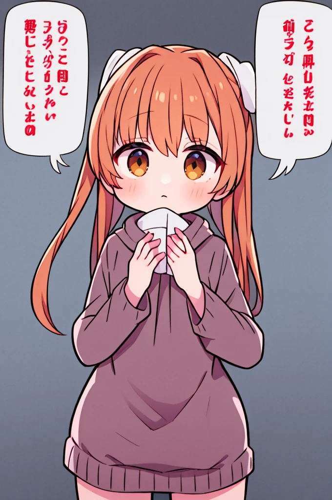 Monika, T posing, wearing virgin killer sweater and nothing else, hair down