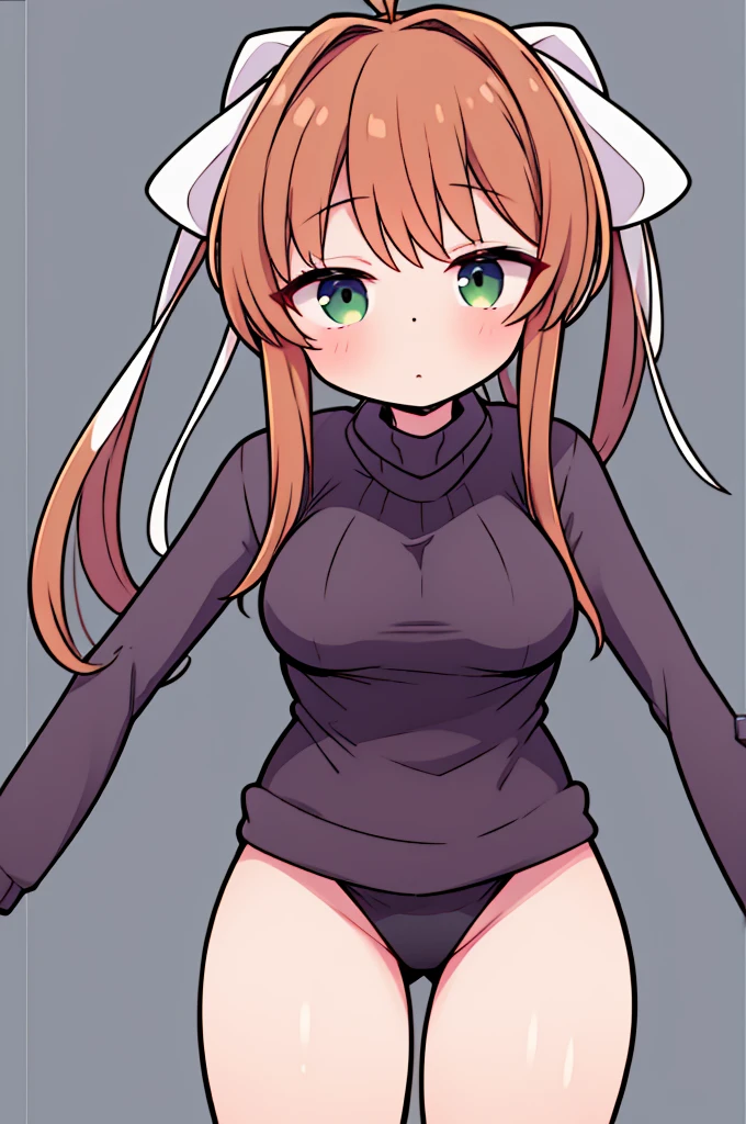 Monika, T posing, wearing virgin killer sweater and nothing else, hair down