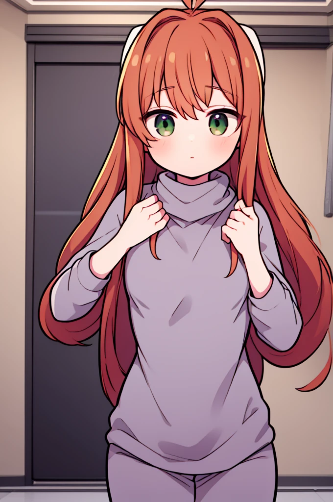 Monika, T posing, wearing virgin killer sweater and nothing else, hair down