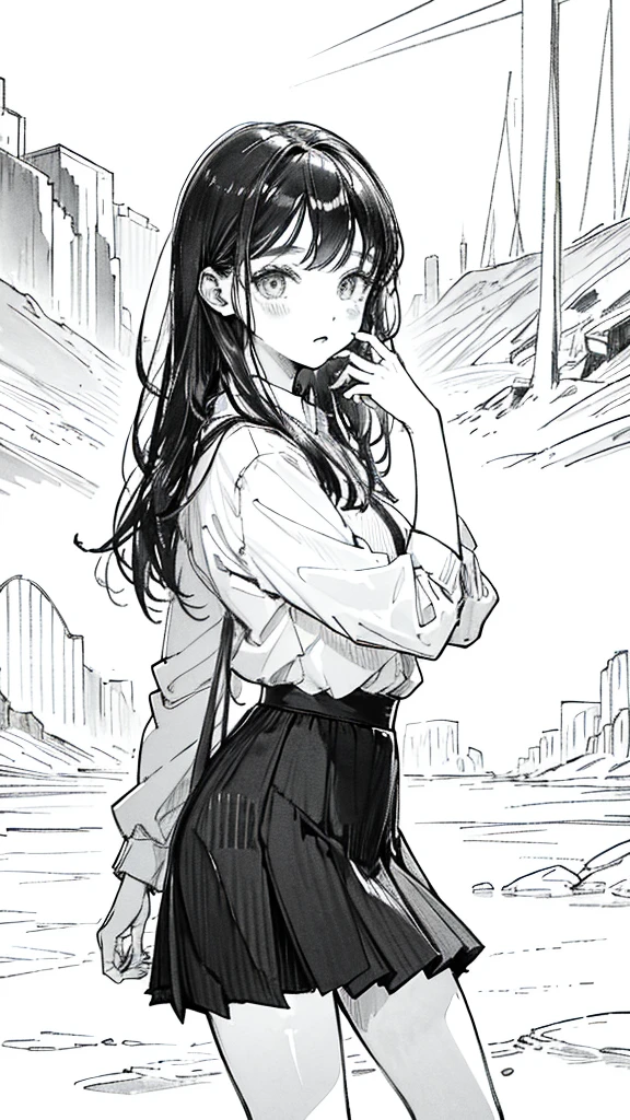One Girl,Line art,Monochrome,sketch,鉛Pen画,Pen,Traditional Media,One Girl, skirt,,skirt, alone、Cute Girl, ,Beautiful portrait、Delicate body、Esbian all over、Black Hair、Black Hair,landscape