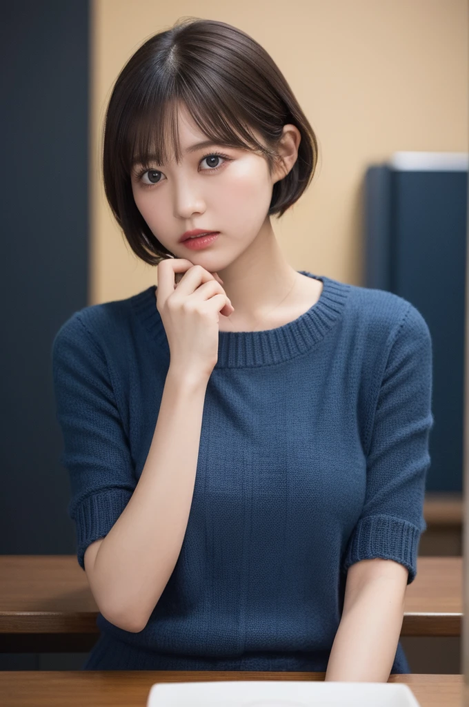 Tabletop, highest quality, (1 Female), Super detailed, In detail, High resolution, 8K quality, Perfect dynamic composition, Beautiful fine details, Natural Lip, Dark blue knit dress, Very short hair, Abstract, Embarrassment