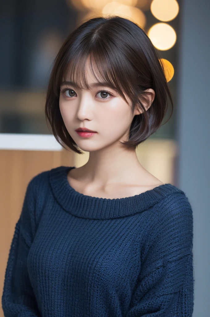 Tabletop, highest quality, (1 Female), Super detailed, In detail, High resolution, 8K quality, Perfect dynamic composition, Beautiful fine details, Natural Lip, Dark blue knit dress, Very short hair, Abstract, Embarrassment