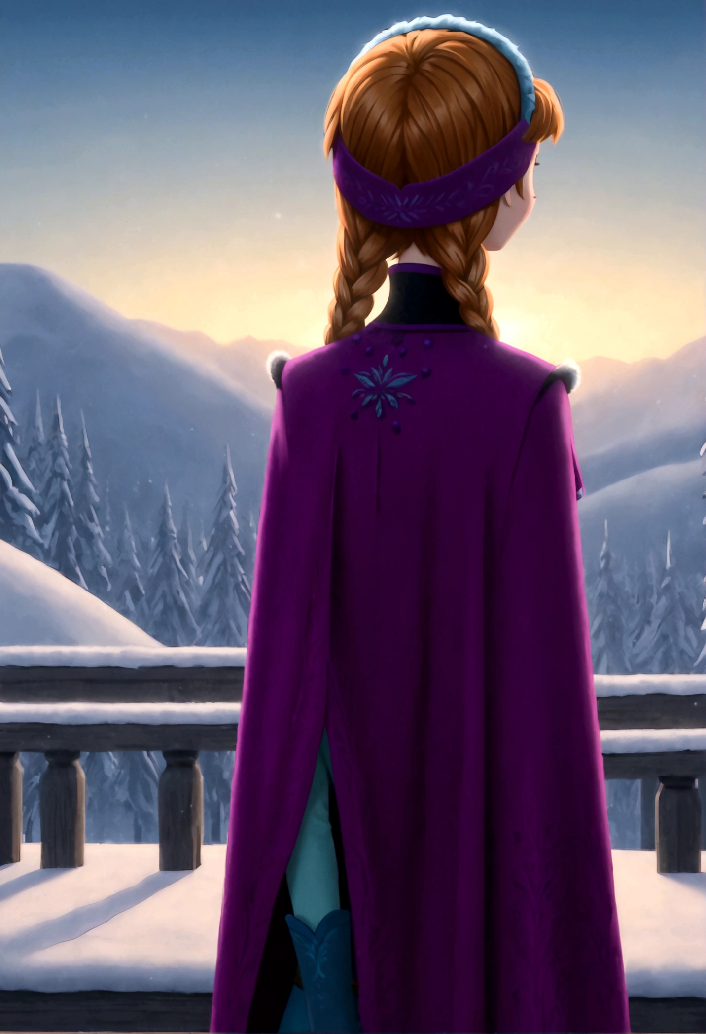 1girl, Anna \(frozen\), Anna of arendelle, twin braids, purple headband, long sleeved blue dress with black bodice, purple cloak, blue mittens, solo, orange hair, upper body, (Back View:1.4), autumn, anime screenshot, source_anime, dramatic composition, cinematic dynamic action scene, vibrant colors, cinematic lighting, dramatic lighting, best quality, masterpiece, very aesthetic, perfect composition, intricate details, ultra-detailed