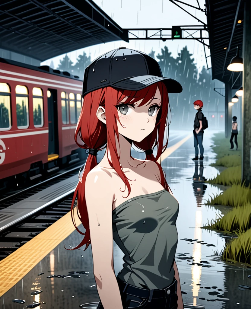 【Highest Quality, masutepiece】 [young woman, expressioness,deep gray eyes, swept bangs, red hair,low twin tails, slate atmosphere, faded colors, dark shot, strapless black top, black baseball cap, jeans, looking to the side, stoic, hands in pockets, Upper body] (Gloomy background:1.2),small breasts ,swamp, train station, night, rain, puddles, willow trees, people in background, wet clothes, wet skin 