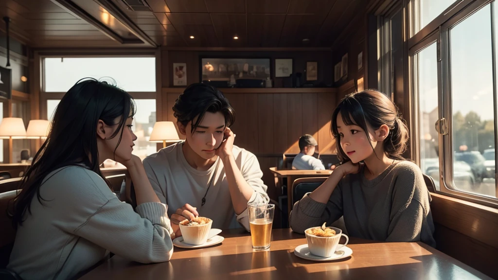 a family with happy children sitting at a diner table, their backs to the camera, faces not visible, (best quality,4k,8k,highres,masterpiece:1.2),ultra-detailed,(realistic,photorealistic,photo-realistic:1.37),detailed interior of a diner, warm lighting, cozy atmosphere, intimate candid moment, soft focus, natural shadows, reflections on the table, muted color palette