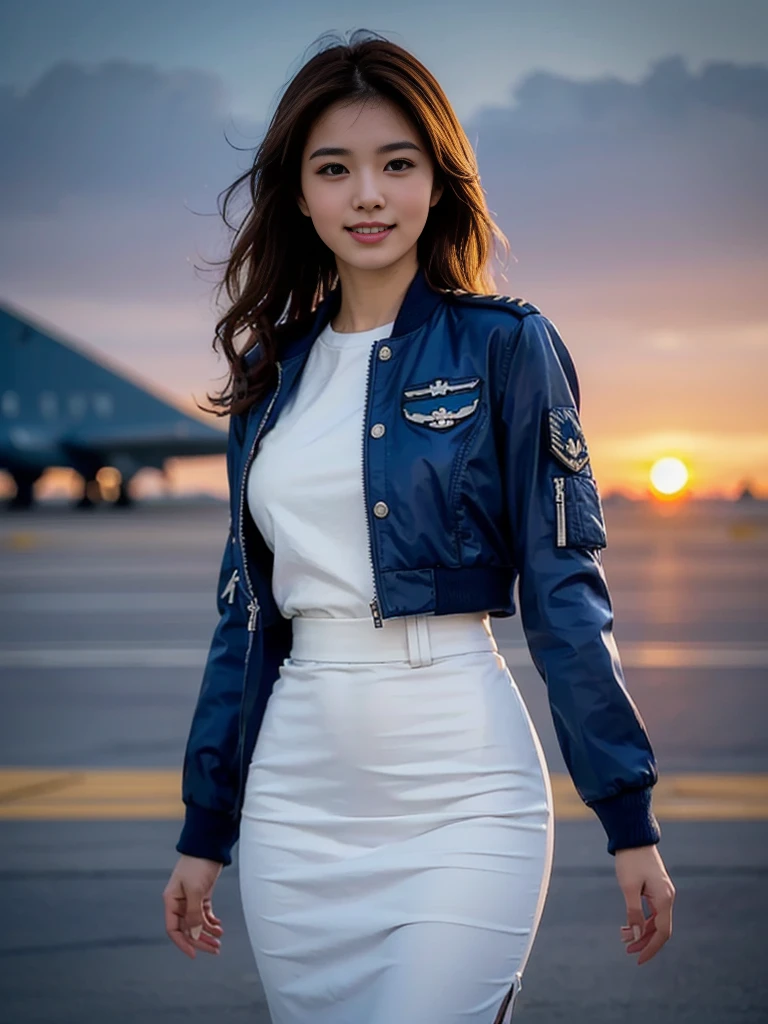 (highest quality, 8K, 32k, masterpiece, UHD:1.2), (realistic:1.5), (masterpiece, Highly detailed CG Unity 8K wallpaper, highest quality, High resolution:1.2), (Super detailed, UHD:1.2), Photo of extremely cute and beautiful Japanese woman, (Long wavy chestnut hair:1.2), adult, (detailed beautiful girl:1.4), highest quality, woman, adult, (Detailed US Air Force Pilot Uniform:1.5), (White Pilot Captain Jacket:1.3), (White high waist pencil skirt:1.3), (Beautiful sunset us air force base runway view background:1.2), laugh shyly:1, looking at the viewer, towards the audience, ((Perfect woman's body)), (tight waist:1.2), (Image of the whole body from the knees up:1.3), thin, abs, (beautiful breasts:1.25), assemble the head, Wind, dynamic pose, cinematic light, Backlight, fine clothes, perfect ???????, perfect proportions, detailed human body, stylish model posing,soft expression、smile