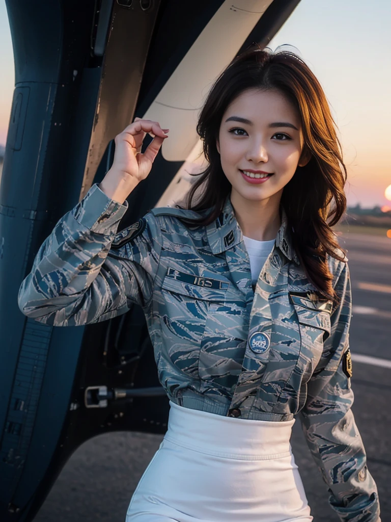 (highest quality, 8K, 32k, masterpiece, UHD:1.2), (realistic:1.5), (masterpiece, Highly detailed CG Unity 8K wallpaper, highest quality, High resolution:1.2), (Super detailed, UHD:1.2), Photo of extremely cute and beautiful Japanese woman, (Long wavy chestnut hair:1.2), adult, (detailed beautiful girl:1.4), highest quality, woman, adult, (Detailed US Air Force Pilot Uniform:1.5), (White Pilot Captain Jacket:1.3), (White high waist pencil skirt:1.3), (Beautiful sunset us air force base runway view background:1.2), laugh shyly:1, looking at the viewer, towards the audience, ((Perfect woman's body)), (tight waist:1.2), (Image of the whole body from the knees up:1.3), thin, abs, (beautiful breasts:1.25), assemble the head, Wind, dynamic pose, cinematic light, Backlight, fine clothes, perfect anatomy, perfect proportions, detailed human body, stylish model posing,soft expression、smile