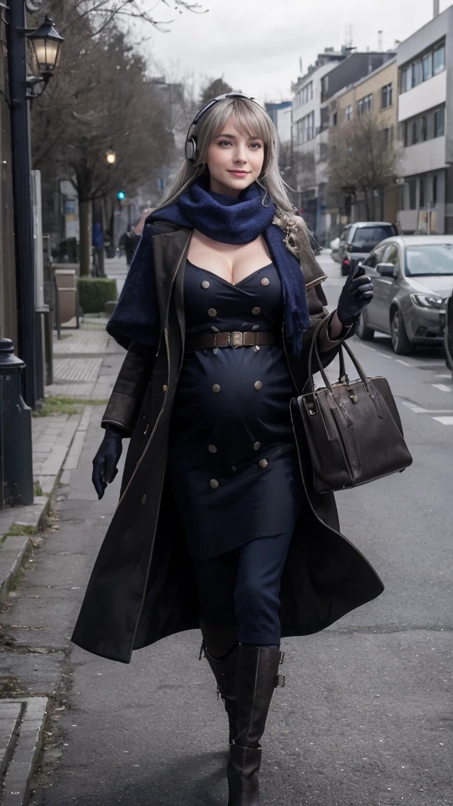 masterpiece, best quality, 1girl,  HD, 4K, REALISM, solo, Bkornblume, headphones, solo, blue scarfs, coat, pussy, opened clothing, pregnancy, pregnant, exhibitionism, black dress, black gloves, grey hair, holding gun, black coat dress, long sleeves, gloves, blushing, naked, smile, full body, pouch, german face, boots, walks, tongues out, salivate, nude, NSFW, opened breasts, stasi spy, suburbs background, pantyhose, heels, holsters, buttons, knee, Street, Germany, breasts, blue stocking, nipples, topless, nude, big breasts, mommy, mama Bkornblume