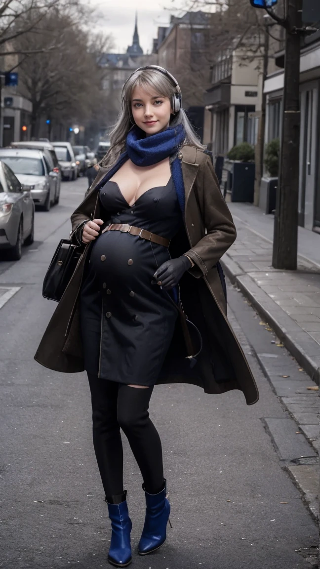 masterpiece, best quality, 1girl,  HD, 4K, REALISM, solo, Bkornblume, headphones, solo, blue scarfs, coat, pussy, opened clothing, pregnancy, pregnant, exhibitionism, black dress, black gloves, grey hair, holding gun, black coat dress, long sleeves, gloves, blushing, naked, smile, full body, pouch, german face, boots, walks, tongues out, salivate, nude, NSFW, opened breasts, stasi spy, suburbs background, pantyhose, heels, holsters, buttons, knee, Street, Germany, breasts, blue stocking, nipples, topless, nude, big breasts, mommy, mama Bkornblume