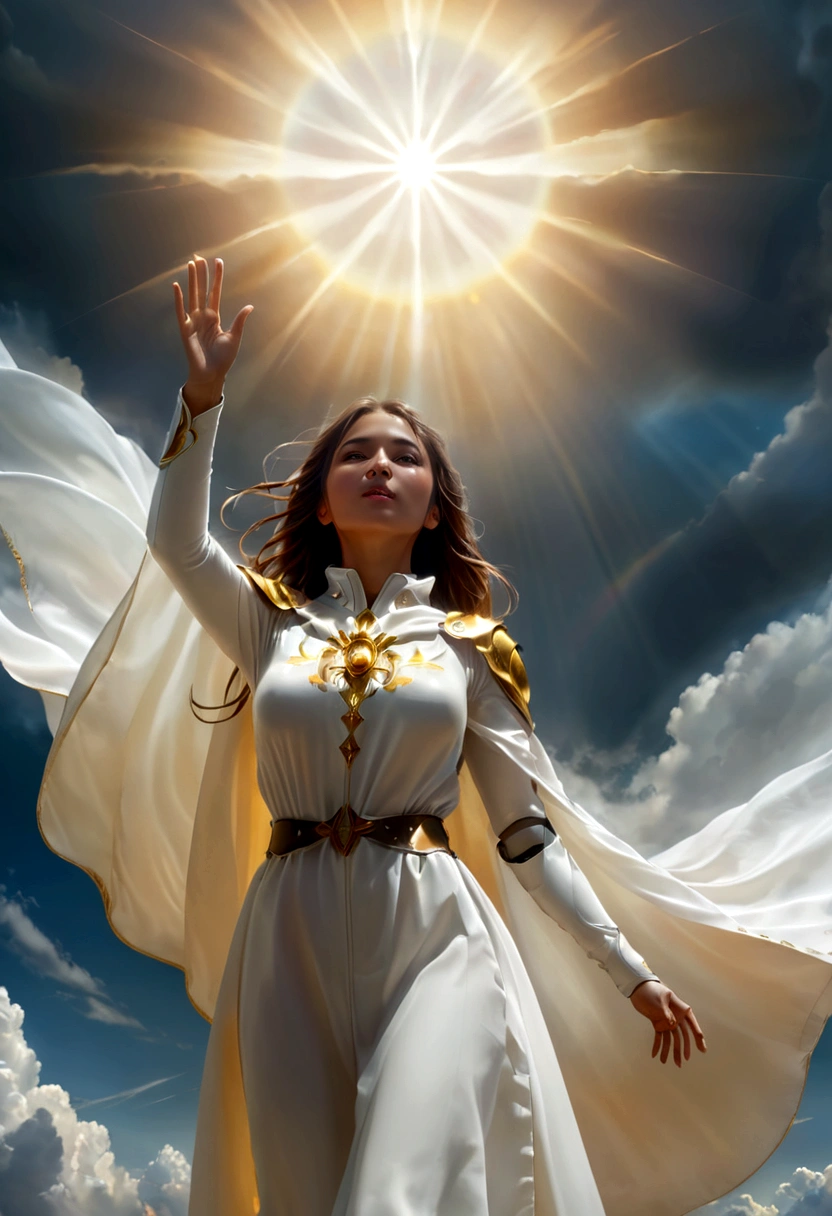 1girl, glowing face of light, shining as sunrays, glowing hands, blowing white cloak, full body, standing-float on the clouds, hands spreading-up, iconic stance, heavenly scenery, dramatic realistic photoshot, uhd, 16k, super detailed