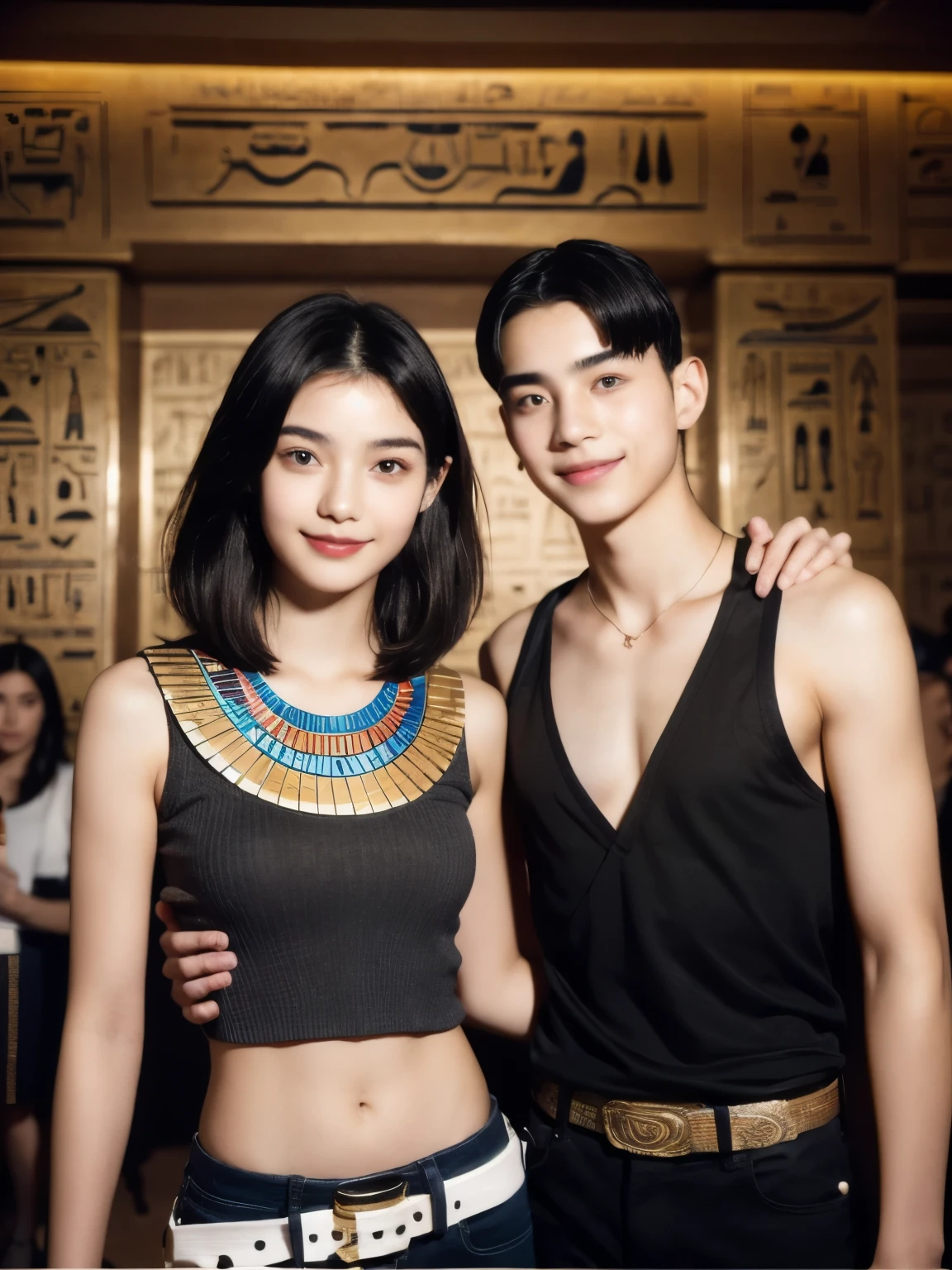 244 (An 18-year-old female and an 18-year-old male), short hair,kind, lipstick, Egyptian civilization, Waist belt, Hieroglyphics, smile
