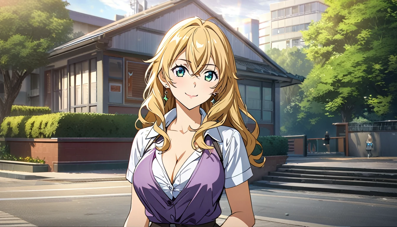 (best quality:1.5, highres, UHD, 4K, detailed lighting, shaders), blonde wavy hair, gyaru, large breasts, short sleeve , cleavage, unbuttoned shirt, bra, sexy, skirt, (pov, close shot), earrings, smiling, standing, classroom background  (masterpiece, best quality, hi res:1.2), 1girl, (solo:1.2), pklacey, detailed skin, street, park, trees, grass, backlessclothes, backless dress, purple dress, close-up portrait of an anime heroine full of confidence and mischief of the background of character selection of a group of anime girls with eyes of different colors, kantai collection style, full body, kantai collection gallery, arte oficialwork, personajes de azur carril, arte oficial, chicas de primera linea style, clear and sharp rpg portrait, character selection portrait, Also, 8K!!, Ilustraciones oficiales del anime., chicas de primera linea cg, finos detalles. chicas de primera linea, chicas de primera linea universe