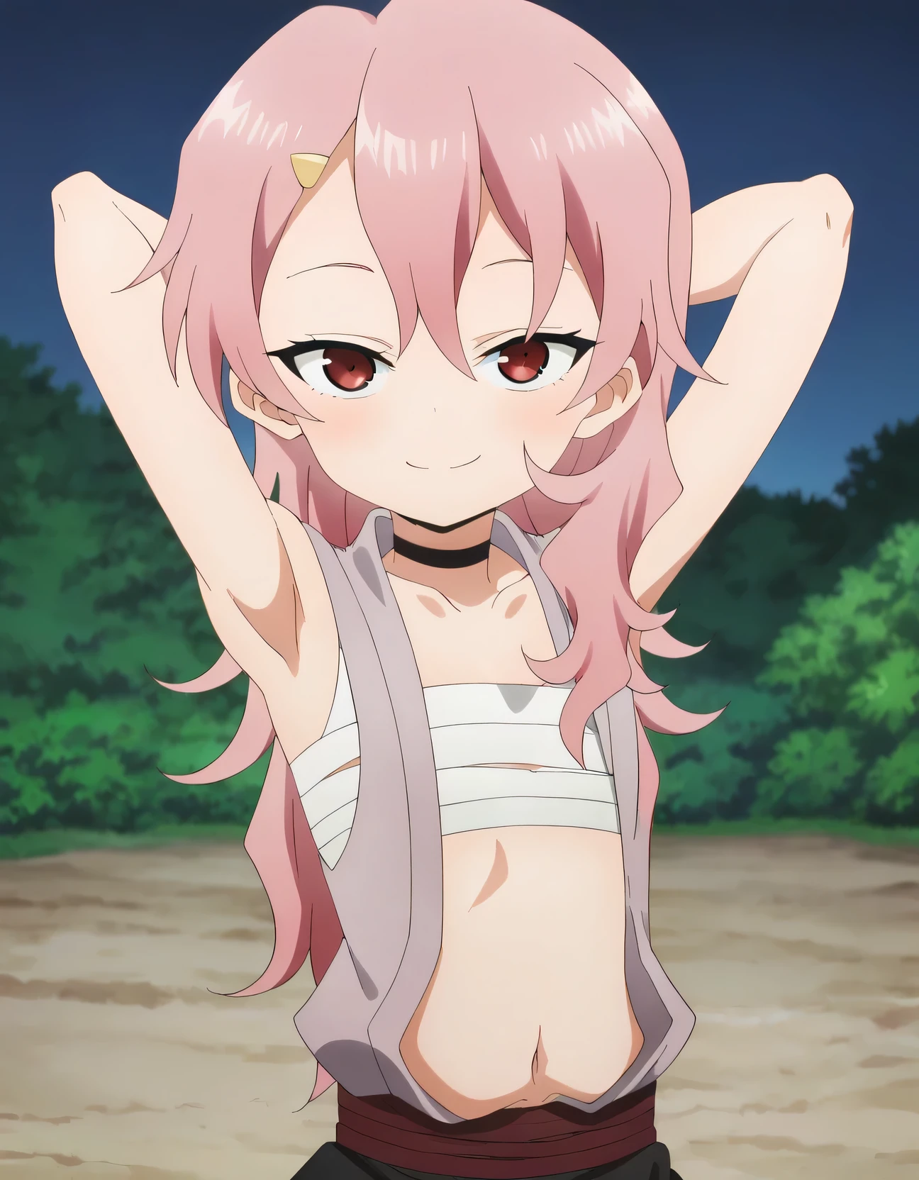 benisumomo, anime coloring ,BREAK source_anime, anime, long hair, hair ornament, red eyes, navel, pink hair, japanese clothes, choker, hairclip, flat chest, black choker, sarashi, chest sarashi, black skirt, high quality, solo, night sky, beach, arms behind head, contrapposto, closed mouth, spread armpits, (cowboy shot:1.5), looking at viewer, smile, best quality, puffing chest, sexy, head down,