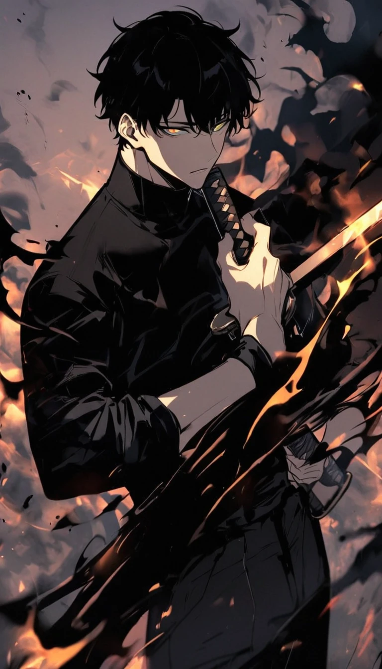 Handsome, alone, male, Short hair,, black hair, black yellow odd eye, black shirt, black pants, Black coat, black flame,holding a katana in hand
