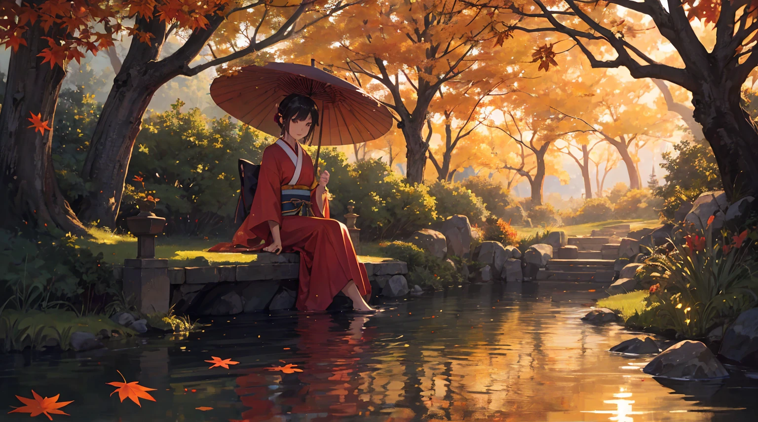 "It depicts an enchanting evening scene depicting a tranquil pond bathed in the hues of fiery autumn foliage.。. The composition is、The maple leaf and the prominent features of the nearby majestic maple tree should be highlighted.。. In the foreground, A Japanese woman in her 30s stands gracefully on the ground, Dressed in a bright red kimono. The kimono accentuates her elegance., Her beauty shines in the moonlight. She has a timeless charm, Capturing the Essence of the Season. A woman looks at a sparkling pond, Autumn leaves reflected on the water surface. Her expression is one of calm contemplation., Immerse yourself in the quiet beauty of the night. A magnificent maple tree is depicted in the background., Branches decorated with shiny leaves that seem to catch the moonlight.. The pond reflects a fantastic scene, Enhance the charm of the moment. The overall configuration is、It should exude a sense of serenity and reverence for natural beauty.。. In this enchanting autumn landscape、Let the enchanting beauty of the woman and the brilliance of the autumn leaves take center stage.。."