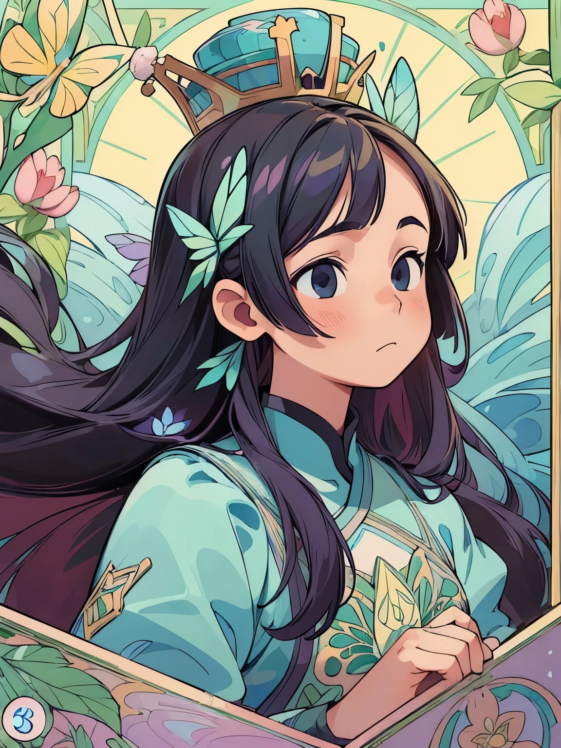 (masterpiece、highest quality、highest quality、Official Art、Beautiful and beautiful:1.2)、(One Girl:1.3)Hatsune Miku、Twin tails,Beautiful breasts,(((masterpiece))), ((Best Quality, Ultra-fine illustrations, Beautiful and delicate water)),Depth of written boundary, Amazing 8K CG wallpaper, ( Delicate Light), ((Cinema Lighting)),(Portraiture),Portrait Lens,(((Alphonse Mucha))),((Fantasy Style)),((Shine)),(((Tarot Cards)))
(Young girl),(((China_China dress))),(Delicate eyelashes),((Cute anime face)),(Very delicate and beautiful),(hair_flower),(gem),(crystallization),((colored inner long hair)),(Multicolor),(Beautifully detailed face ),((( detailed long hair ))),floating long hair,gradient hair,(race),(ribbon),((Crown)),(Detailed cloth)
((butterfly)),(detailed butterfly) ,(Multicolor butterfly),
(neon palette),((detailed flowers)) ,((Multicolor flowers)),(flowers_Surrounded),(butterfly_Surrounded)(((Fill the screenflowerが咲く))),((Fill the screen))