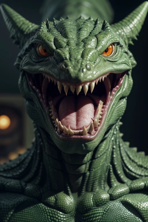 Absurdres, very detailed features, very detailed character, very detailed scene
1character, evil, biomechanic humanoid reptilian, sadist, lord, monster, green scales, 3 orange eyes, laughing