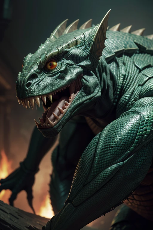 Absurdres, very detailed features, very detailed character, very detailed scene
1character, evil, biomechanic humanoid reptilian, ??????, lord, monster, green scales, 3 orange eyes, laughing 