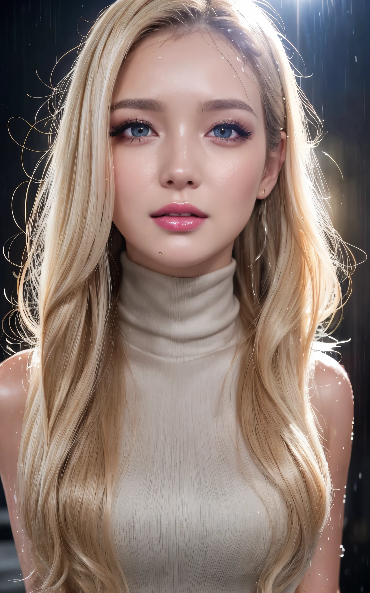 (highest quality, 8k, Award-winning work, ultra high resolution), one beautiful woman, (Soaking wet turtleneck knit sleeveless:1.2), (soaking wet blonde:1.2), (Shiny blonde hair drenched:1.2), (high drenched skin:1.2), color contacts, perfect makeup, long eyelashes, beautifvy rain that falls very heavily:1.2), (soft lighting:1.1), (Realistic heavy rain falling intensely), eyeshadow:0.5, (bright and glossy lipstick, thick under lip:1.1), Very long wavy hair, (laugh at me:1.1), (Real hair:1.2), (wet and shiny skin:1.2), (A woman whose whole body is soaked wet:1.2), (drenched skin:1.1)、(soaking wet blonde:1.1), (soaked pink knit:1.1), (wet face:1.1), (close up of face:1.6), (Strongly blurred lively Shibuya city background:1.1), (Strongly blurred background:1.1), accurate anatomy, ultra high definition hair, (ultra high resolution tooth:1.1), Ultra high definition beauty face, ultra high definition hair, Super high-definition sparkling eyes, glowing ultra high resolution skin, ultra high resolution lip