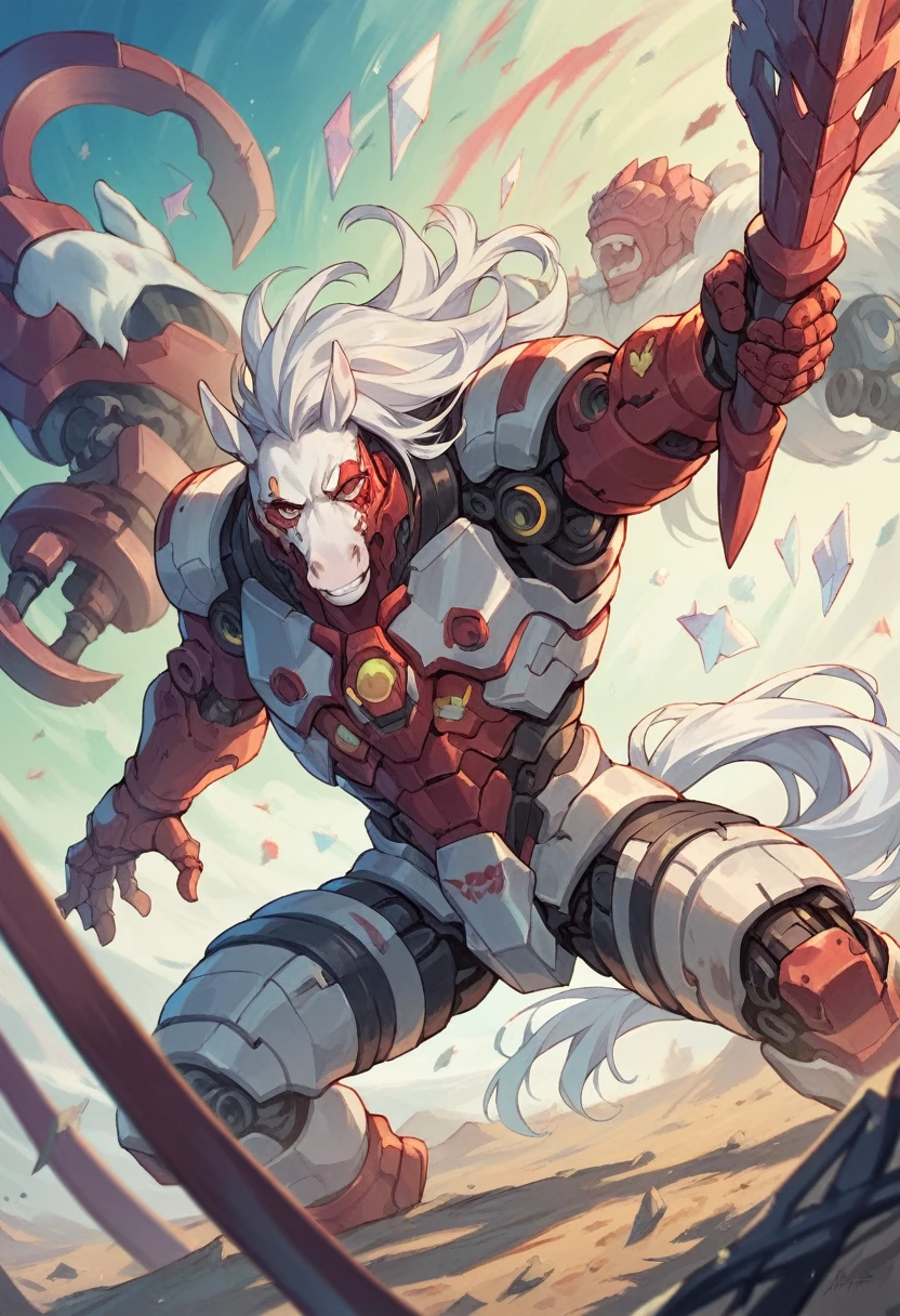 Dark_Fantasy, Cyberpunk, (Fang Tian Painting Halberd, White Horse, Red: 1.1), 1 Man, Mechanical Marvel, Robot Existence, Cybernetics Guardian, Beauty
