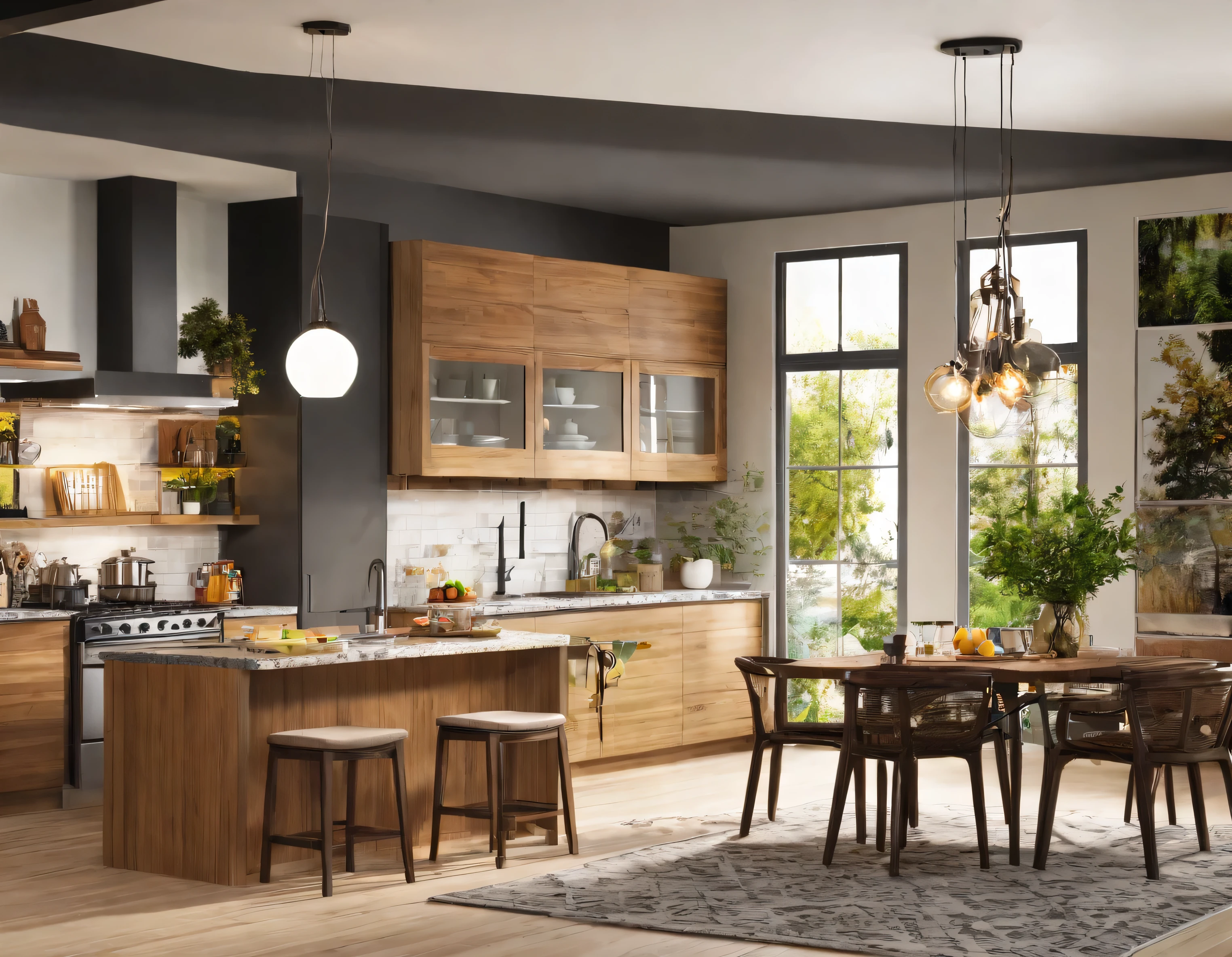 Create a cozy and comfortable modern kitchen. Use warm wooden cabinets, a spacious granite countertop, and contemporary pendant lights. Include a cozy breakfast nook with plush seating and a mix of open shelving and glass-front cabinets for a homey feel. Generate a detailed, focused image, 18K, ((perfect_composition, perfect_design, perfect_layout, perfect_detail, ultra_detailed)), ((enhance_all, fix_everything)), More Detail, Enhance.