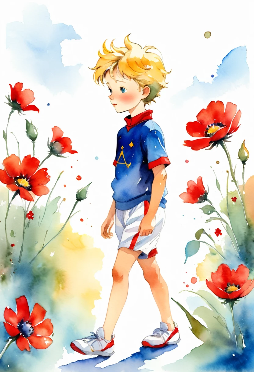 The Little Prince holding red flowers, Correndo, sapatos esportivos, shorts esportivos, camiseta o esporte, estilo aquarela, The little prince, inspired by Antoine de Saint-Exupéry, watercolor style, vibrant colors