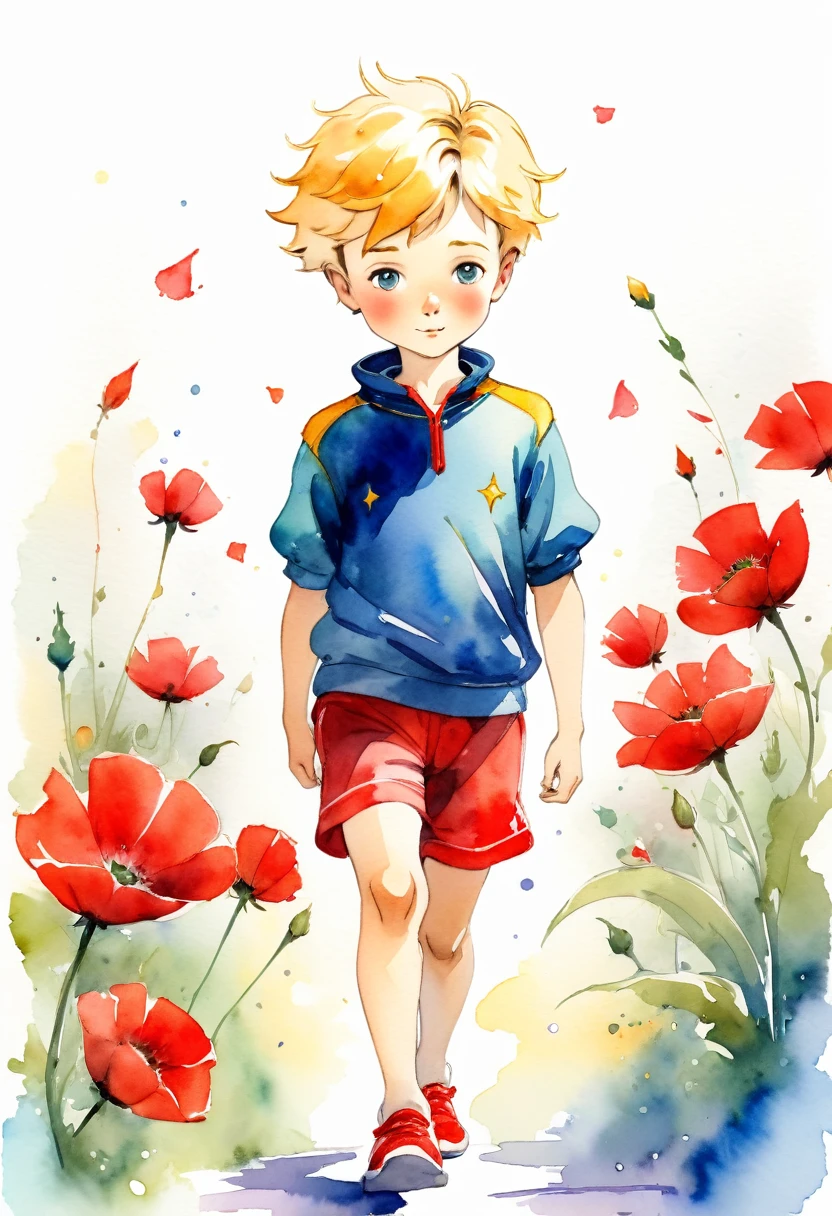The Little Prince holding red flowers, Correndo, sapatos esportivos, shorts esportivos, camiseta o esporte, estilo aquarela, The little prince, inspired by Antoine de Saint-Exupéry, watercolor style, vibrant colors