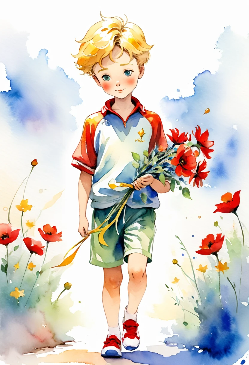 The  Prince holding red flowers, Correndo, sapatos esportivos, shorts esportivos, camiseta o esporte, estilo aquarela, The little prince, inspired by Antoine de Saint-Exupéry, watercolor style, vibrant colors