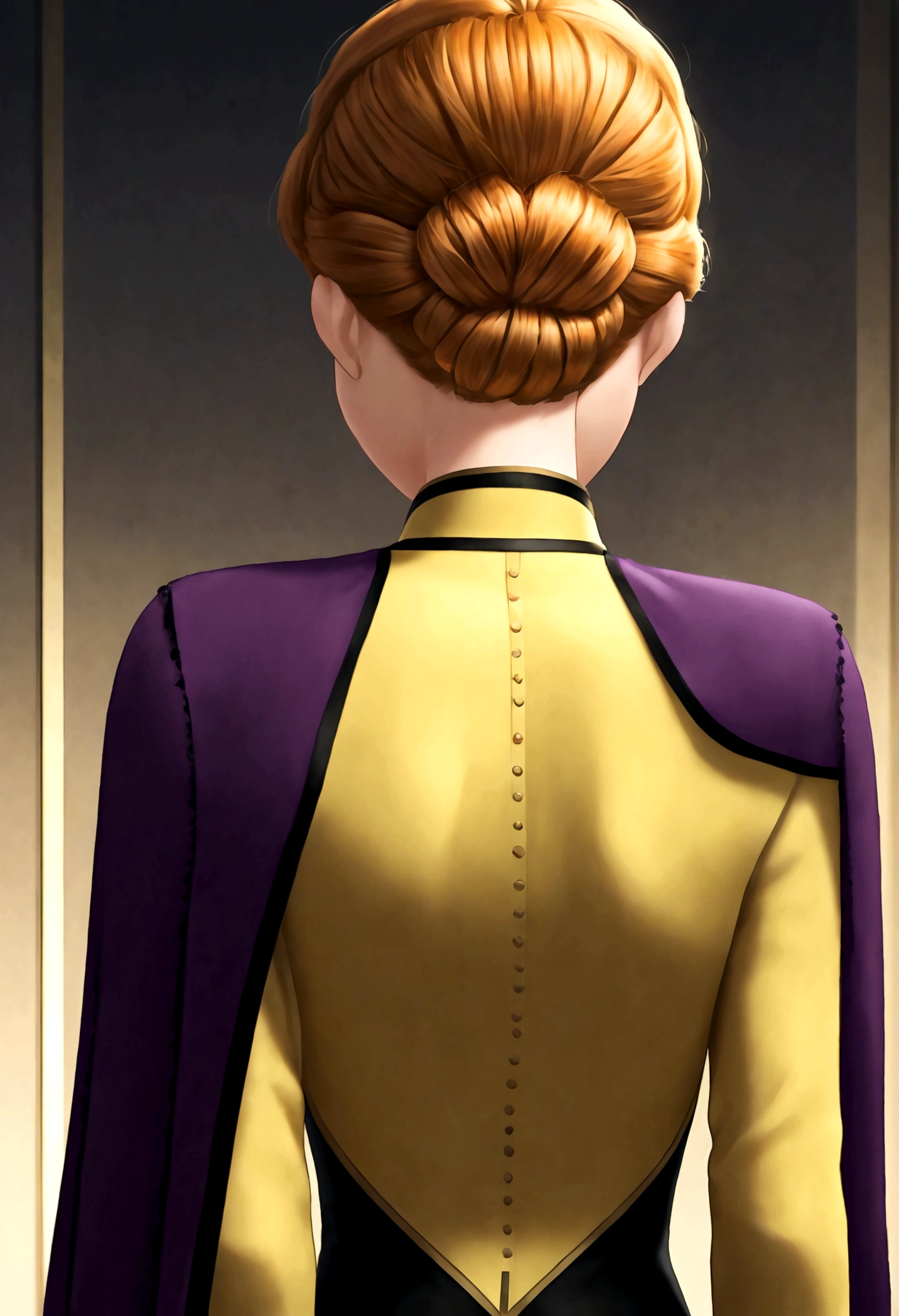 1girl, Anna \(frozen\), Anna of arendelle, black long-sleeved outer dress over a mustard yellow top, purple cloak, solo, orange hair, upper body, (Back View:1.4), autumn, anime screenshot, source_anime, dramatic composition, cinematic dynamic action scene, vibrant colors, cinematic lighting, dramatic lighting, best quality, masterpiece, very aesthetic, perfect composition, intricate details, ultra-detailed