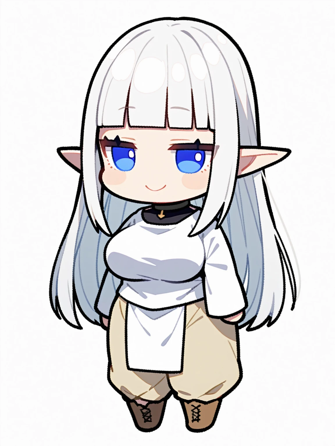 {{{kame (kamepan44231), no humans, chibi, jitome, fumo (doll)}}}, full body, 1 woman, solo, mature female, elf elegant, princess, pointy ears, blue eyes, long hair, straight hair, white hair, blunt bangs, lips, large breasts, happy, white tabard, black collar, black undershirt, beige trousers, leather boots, facing viewer, simple background, blank background, medieval fantasy.