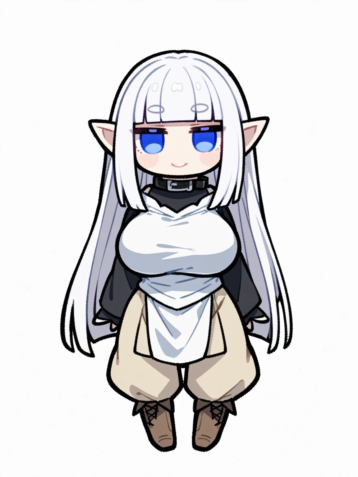 {{{kame (kamepan44231), no humans, chibi, jitome, fumo (doll)}}}, full body, 1 woman, solo, mature female, elf elegant, princess, pointy ears, blue eyes, long hair, straight hair, white hair, blunt bangs, lips, large breasts, happy, white tabard, black collar, black undershirt, beige trousers, leather boots, facing viewer, simple background, blank background, medieval fantasy.