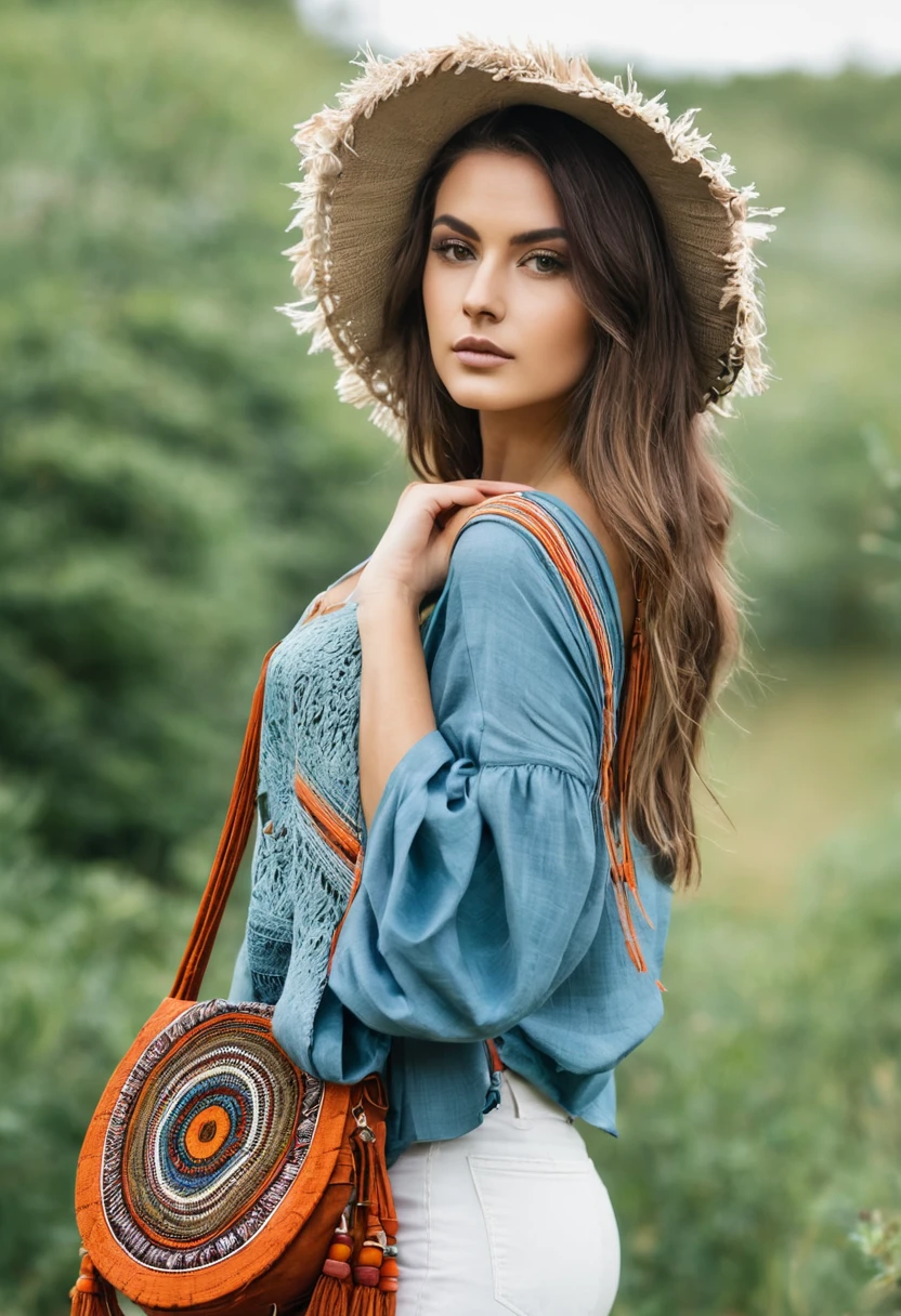 Beautiful attractive woman , boho bag
