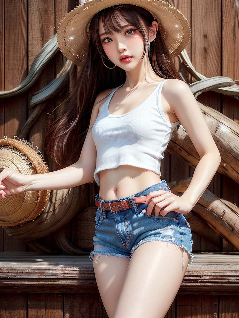 ((highest quality)),(超A high resolution),(Very detailed),(Detailed Description),((The best CG)),(masterpiece),Very detailedなアート、Small breasts、(((Whitening 1.5)))、Clear skin quality、White tank top、Jeans shorts、Narrow waist、Show your belly button、Small straw hat、Sandy Beach、Ocean、
