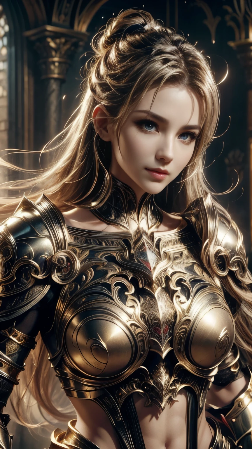 (RAW shooting:1.5, Photoreal:1.5, 8k, highest quality, masterpiece, ultra high resolution), medieval europe, world of magic and swords, perfect dynamic composition:1.2, Mysterious:1.3, Highly detailed skin and facial textures:1.3, cute and sexy slim female warrior, beautiful and aesthetic:1.2, cute and sexy beauty, perfect style:1.1, Grasp the great sword with both hands:1.3, wear elaborate rings, fire, water, Wind, thunder, ice, Fair skin, very beautiful face, (Medium chest, Chest gap), (embarrassing smile, The expression on your face when you feel intense caress, Facial expression when feeling pleasure), (Shiny sexy gold metallic armor:1.1, off shoulder, Navel exposure), (beautiful blue eyes, Eyes that feel beautiful eros:0.8), (Too erotic:0.9, Bewitching:0.9), full body shot, Ancient castle in the background