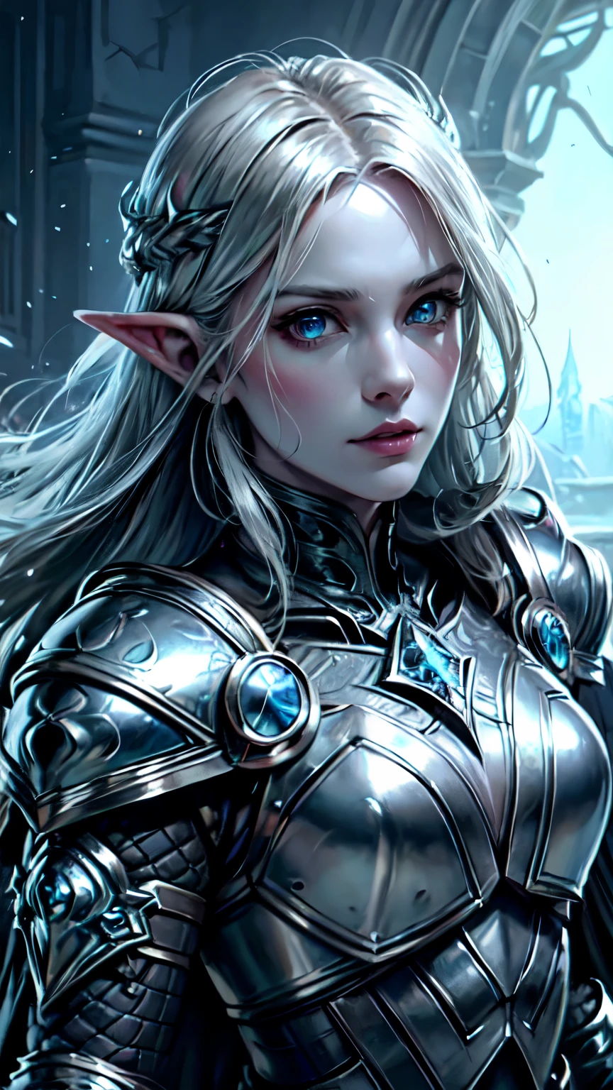 official art, unity 8k wallpaper, ultra detailed, masterpiece, best quality, (((1 woman))), (extremely detailed), dynamic angle, scheming expression, ((devious expression)), detailed face, detailed eyes, detaild hands, wind effect, fantasy background, rim lighting, side lighting, cinematic light, ultra high res, 8k uhd, film grain,best shadow, delicate, RAW, icy blue particles, detailed skin texture, detailed armor texture, detailed face, elven face, intricate details, ultra detailed, Dark, strong, (elegant black armor), ((long silver hair)), (((glowing icy blue eyes))), dark cape, fantasy, (realistic), atmospheric, long elven ears, platnium silver hair, very long elven ears, mature features, medium breasts, elegant armour, beautiful features, ((((commanding expression))))