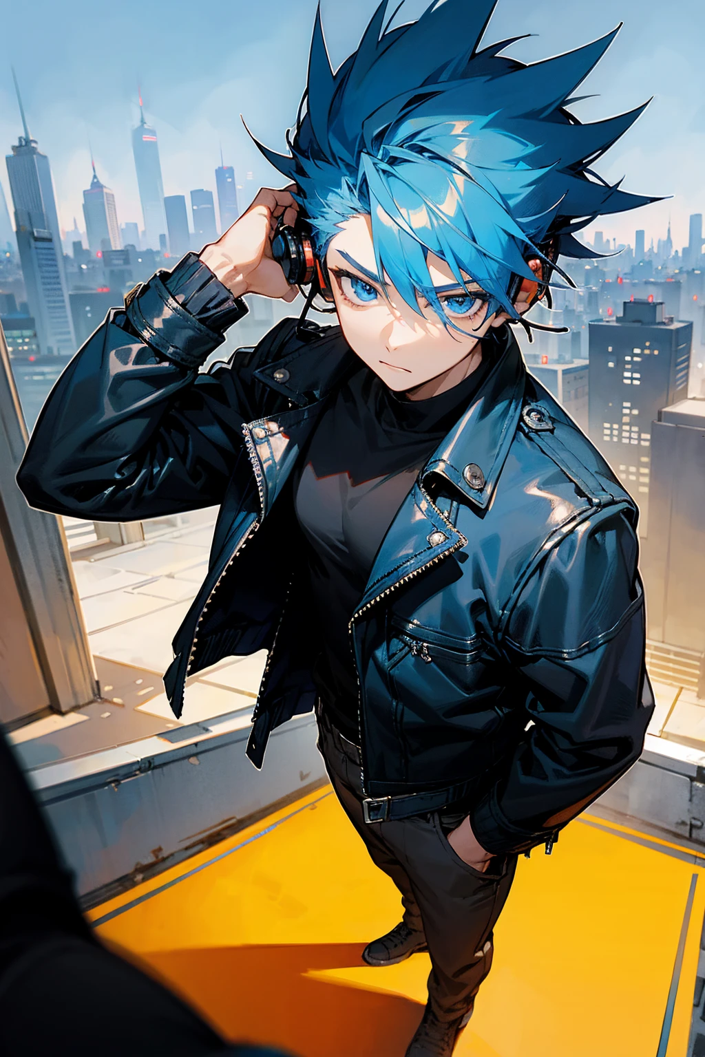1male, blue hair, headphones, leather jacket, black shirt, blue eyes, messy spiked hair, city background, detailed background, hands to side, standing on path