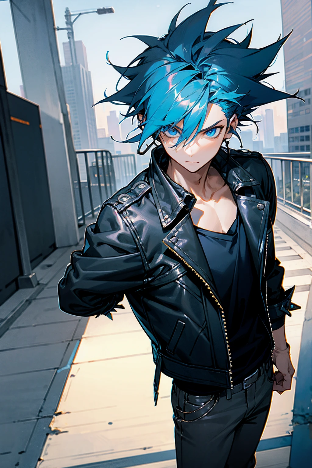 1male, blue hair, headphones, leather jacket, black shirt, blue eyes, messy spiked hair, city background, detailed background, hands to side, standing on path